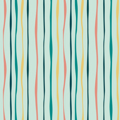 Hand drawn Abstract thin vertical wavy, curly lines with pastel yellow, emerald green, mint, pink colors. Tender nature palette strokes, print for fabric, apparell, textile, EPS10, editable