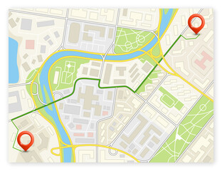 City map navigation delivery route, color check point markers design background, drawing schema, city plan GPS navigation itinerary destination arrow paper city map. Route delivery check point graphic