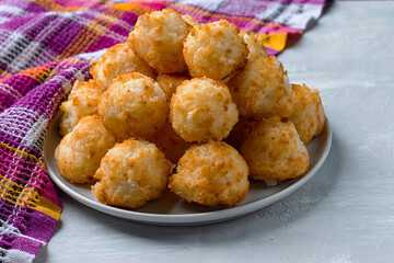 Energy balls with coconut and nuts. A wholesome homemade dessert. Horizontal orientation.