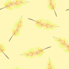 Seamless vector pattern with gentle feather on light  pink background. Calm wallpaper design. Yoga zen fashion textile.