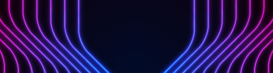 Blue and purple neon curved lines abstract futuristic banner. Geometric vector background