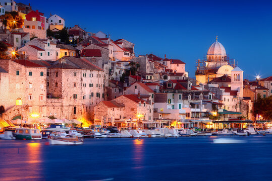 Old city Sibenik at night, waterfront view, Croatia