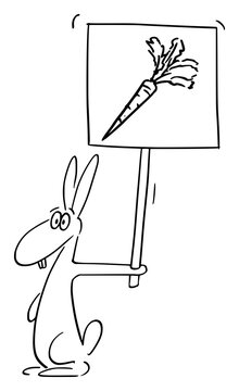 Vector cartoon stick figure drawing conceptual illustration of rabbit, jackrabbit or hare holding and showing carrot vegetable sign.