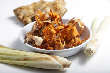 Picture of herbs such as ginger, limegrass and secang wood that usually used for cooking as spice also for medical purpose