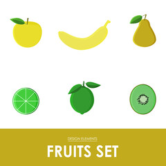 Set of colorful fruit icons: apple, banana, pear, lime, kiwi. Vector Illustration.