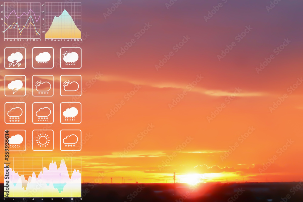 Wall mural weather forecast symbol data presentation with graph and chart on dramatic atmosphere panorama aeria
