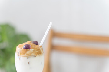 Creative Cooking at home Korean coffee dalgona that is becoming popular bright color.