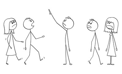 Vector cartoon stick figure drawing conceptual illustration of group or crowd of shocked people watching something above them. They show negative emotion or facial expression.