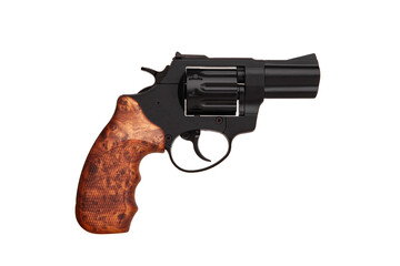 Black gun pistol revolver isolated on white back. Short-barreled weapons for sports and...