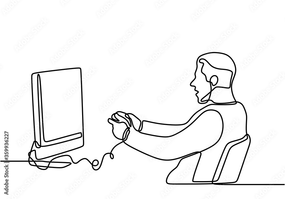 Poster continuous line drawing of gamer. person with headset looking at monitor computer. people playing ga