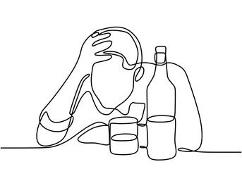 Man with a glass and a bottle of wine one line continuous line art drawing vector illustration isolated on white background. Character young male drunk at the table on a bar. Minimalist style.
