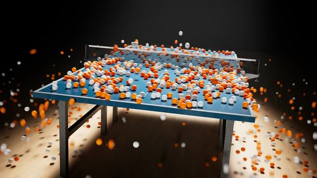 Animation of a huge amount of ping pong balls falling down on a table and floor.