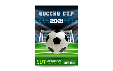 Obraz premium Football flyer, ticket or banner background. Soccer or football ball on modern background. Football abstract design template for soccer covers design