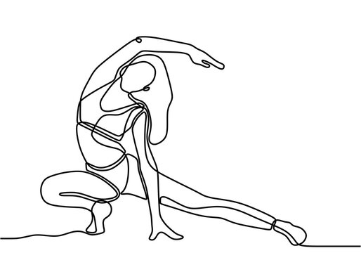 recommend clip art: Woman stretching his legs and arms on yoga exercise. Energetic girl doing exercise in yoga continuous one line draw design isolated on white background. Minimalist style vector design illustration