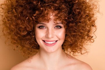 Close up photo beautiful she her wear no clothes nude lady amazing white teeth ideal body hair skin...
