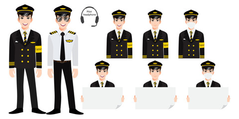 Cartoon character with airline captain in uniform with smile , medical mask and holding poster template. Set of vector isolated illustrations © titaporn