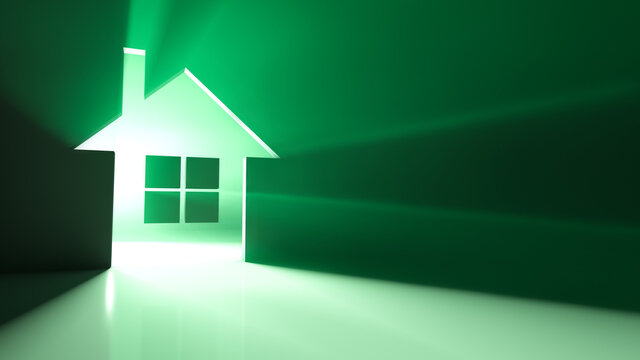 Glowing Little House. Green Spotlight In Background.