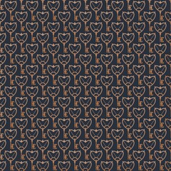 Golden Keys. Vintage, Retro style. Minimalistic Icons. Graphic Vector Seamless Pattern. Repeating square Wallpaper. Elegant geometric design. Trendy illustration. Dark blue background