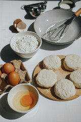 Ingredients for making cottage cheese pancakes on a table. High quality photo