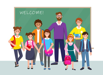 Group of pupils and teacher near school board. Back to school concept. Children with books and school bags. Smiling school boys, girls and man vector illustration.