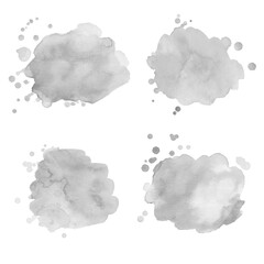 Set of gray scale watercolor spots with splashes. Monochrome grunge elements for paper design.