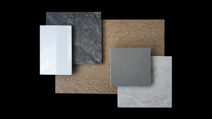 top view of combination of interior material samples containing wooden ,black marble ,grey...