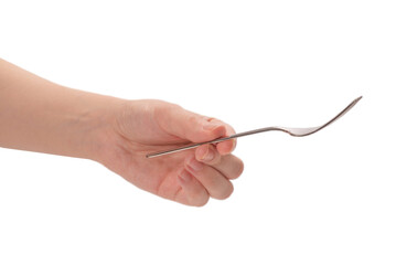 Fork in woman hand isolated on white.