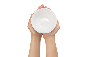 White bowl in woman hand isolated on white.