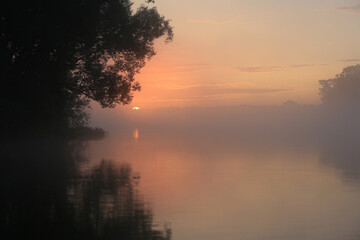 Beautiful foggy sunrise. Trees by the lake and the sun rises in the water