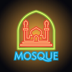 masjid or islamic centre neon sign for Muslims Pray. vector illustration