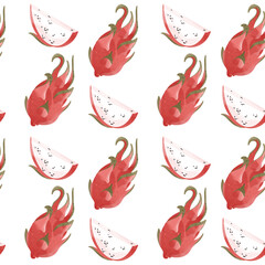 Juicy kawaii pitaya cactus fruit whole and cut. Squared seamless pattern on a white background. Textural watercolor flat digital art. Print for packaging, wrapping paper, fabric, menu, kitchen.