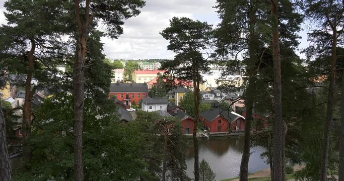 4K high quality video footage of forest above medieval Porvoo old town on river Porvoonjoki, area 50 km east of Helsinki, capital of Finland in northern Europe