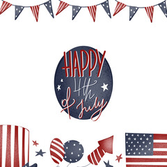 Square postcard frame for July 4th Independence Day of America. Hand lettering. Texture flat digital art. Print for packaging, banner, postcard, invitation.