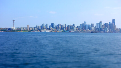 Seattle skyline and skyscrapers photographed from the Puget Sound in Washington