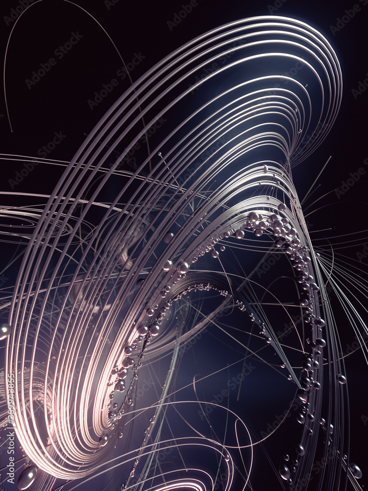 Poster weave luxury silver lines with shiny beads. astract composition. 3d rendering