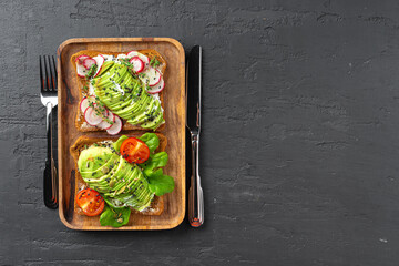 Toasted avocado sandwich for breakfast, top view