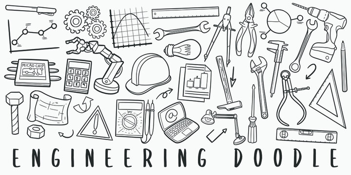 Engineering Doodle Line Art Illustration. Hand Drawn Vector Clip Art. Banner Set Logos.