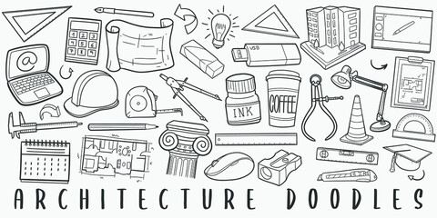 Architecture Doodle Line Art Illustration. Hand Drawn Vector Clip Art. Banner Set Logos.