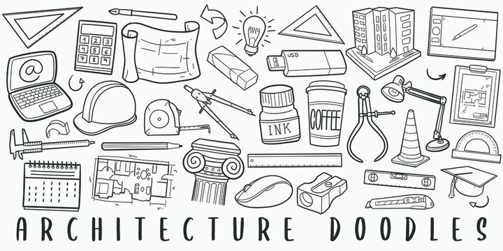 Architecture Doodle Line Art Illustration. Hand Drawn Vector Clip Art. Banner Set Logos.