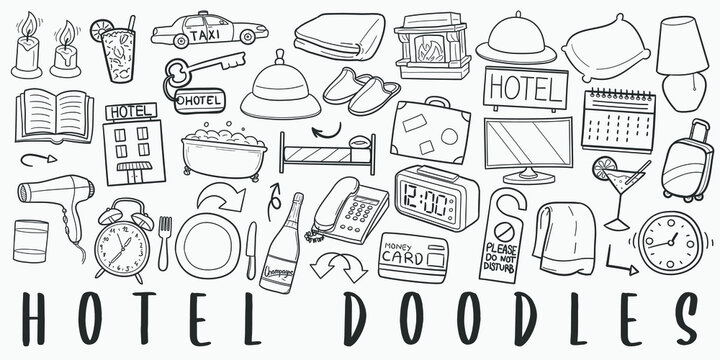 Hotel Doodle Line Art Illustration. Hand Drawn Vector Clip Art. Banner Set Logos.