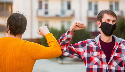 Fight coronavirus. Coronavirus epidemic. Health care. Social distancing. People greeting with...