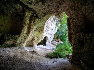 Gravina of Madonna della Scala. The gravina is a typical canyon of Puglia and Basilicata with cave dwellings carved into the rock and rock churches, Massafra, Apulia, Italy