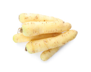 Whole fresh raw carrots isolated on white, top view