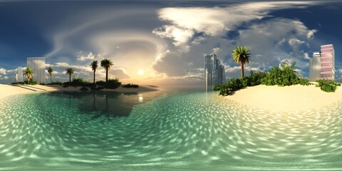Beach with palm trees of a modern city, HDRI, environment map , Round panorama, spherical panorama, equidistant projection, 360 high resolution panorama