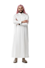 Smiling arabian man's portrait isolated on white studio background. Nationality, culture,...