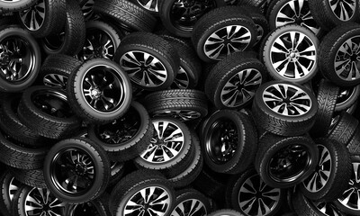A large pile of car wheels. 3D rendering illustration.