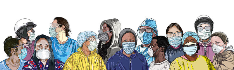 Novel coronavirus COVID-19 new normal social concept. Composition of people in protective and medical face masks. Prevention and quarantine from infections, flu contaminated air pollution. Vector.