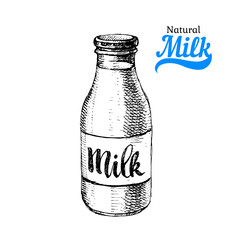 Hand drawn sketch milk products background. Vector black and white vintage illustration
