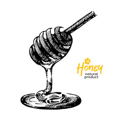 Hand drawn sketch honey background. Vintage vector illustration of spoon