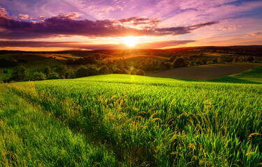 Paysage de coucher de soleil sur un champ verdoyant avec des forêts et des collines à l& 39 horizon et le ciel peint de magnifiques couleurs dramatiques et émotionnelles